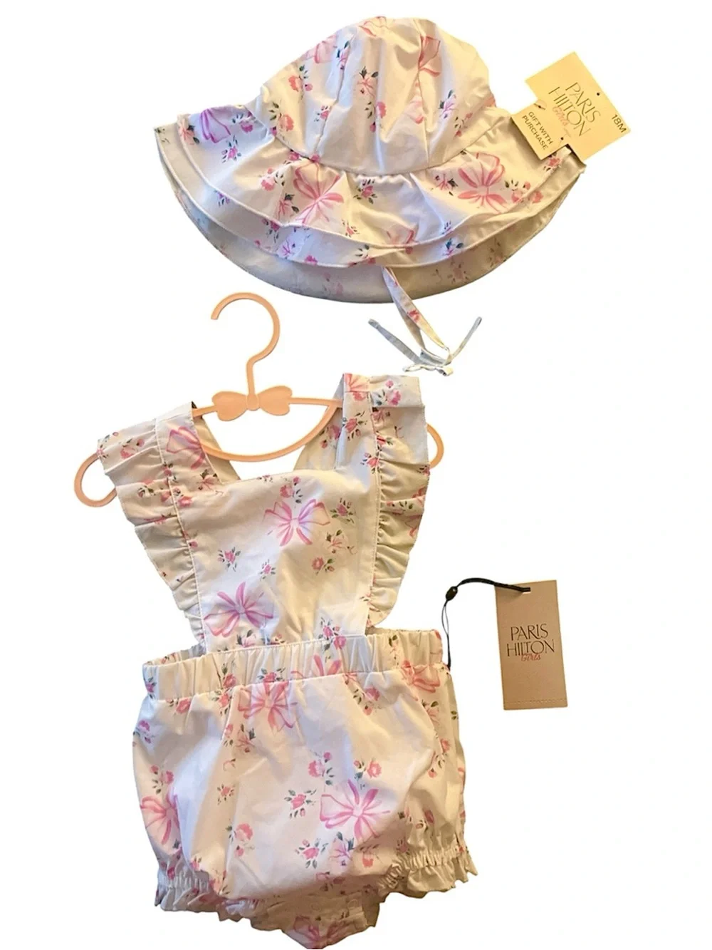 🎀NWT Paris Hilton Baby Sun Hat & Ruffle Romper Set